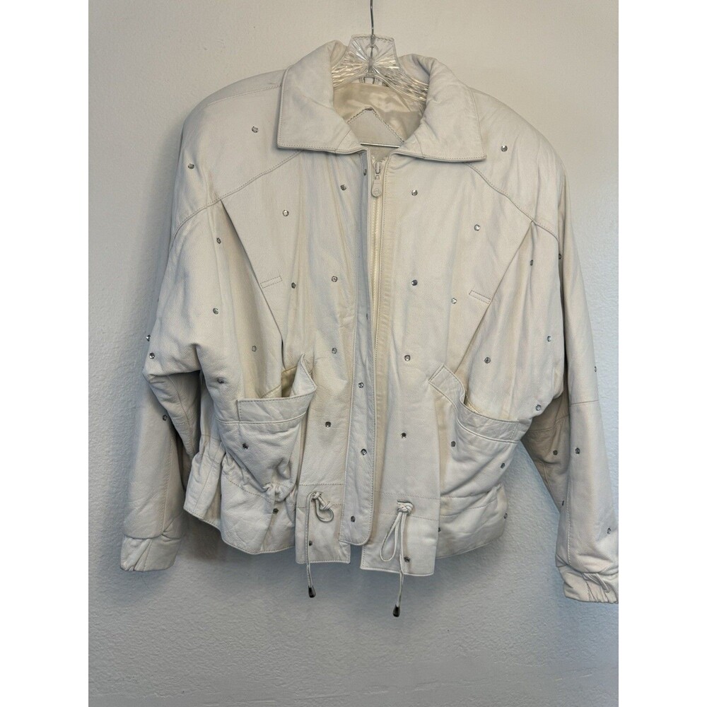Vintage 1990s COPPER KEY White Leather Jacket Womens Large Rhinestone Coat Moto